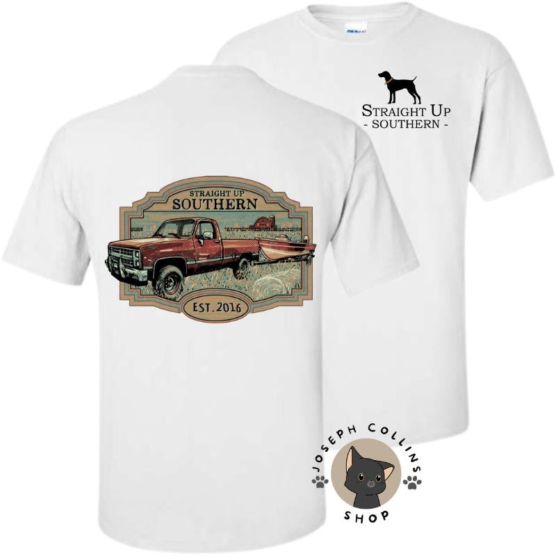 Truck Towing Boat T-Shirt - by Straight Up Southern - Summer Outfits, Regular Fit Short Sleeve Crew Neck T-Shirt for Men, Casual Comfy Knitting Top for Summer