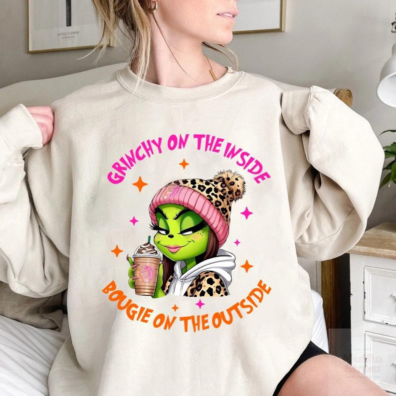 Cute Pink Girl Grinn Sweatshirt, Christmas Drink Cup Sweatshirt