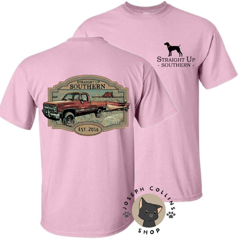 Truck Towing Boat T-Shirt - by Straight Up Southern - Summer Outfits, Regular Fit Short Sleeve Crew Neck T-Shirt for Men, Casual Comfy Knitting Top for Summer