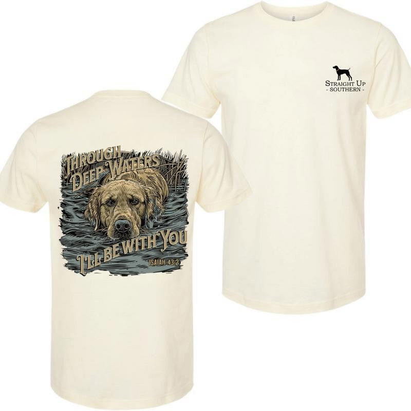 Through Deep Waters Scripture Shirt t-shirt- Hunting T-Shirt - Summer Outfits, Regular Fit Short Sleeve Crew Neck T-Shirt for Men, Casual Comfy Knitting Top for Summer