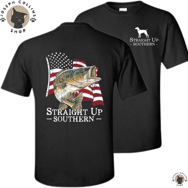 Bass American Flag - Men's Short Sleeve T-Shirt - by Straight Up Southern - Summer Outfits, Regular Fit Short Sleeve Crew Neck T-Shirt for Men, Casual Comfy Knitting Top for Summer