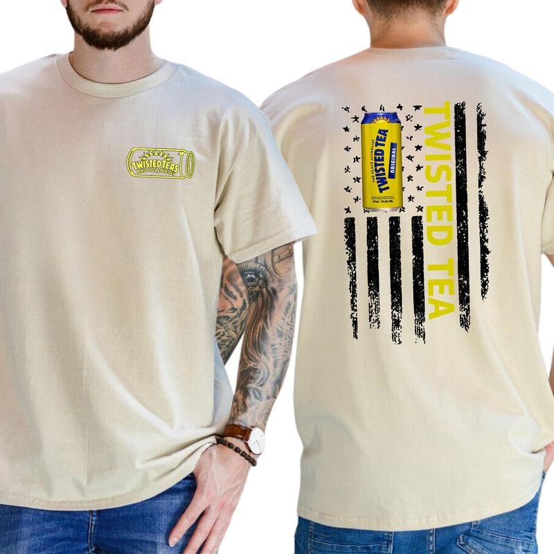 Casual, 2-Side Twisted Tea Logo Flag Funny T-Shirt, Full Color, For Men ,Gift For men, Casual.