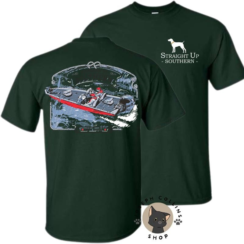Red & Blue Bass Boat T-Shirt - by Straight Up Southern - Summer Outfits, Regular Fit Short Sleeve Crew Neck T-Shirt for Men, Casual Comfy Knitting Top for Summer