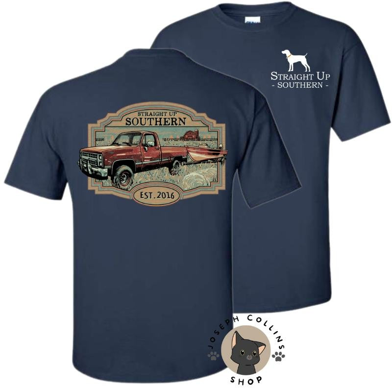 Truck Towing Boat T-Shirt - by Straight Up Southern - Summer Outfits, Regular Fit Short Sleeve Crew Neck T-Shirt for Men, Casual Comfy Knitting Top for Summer