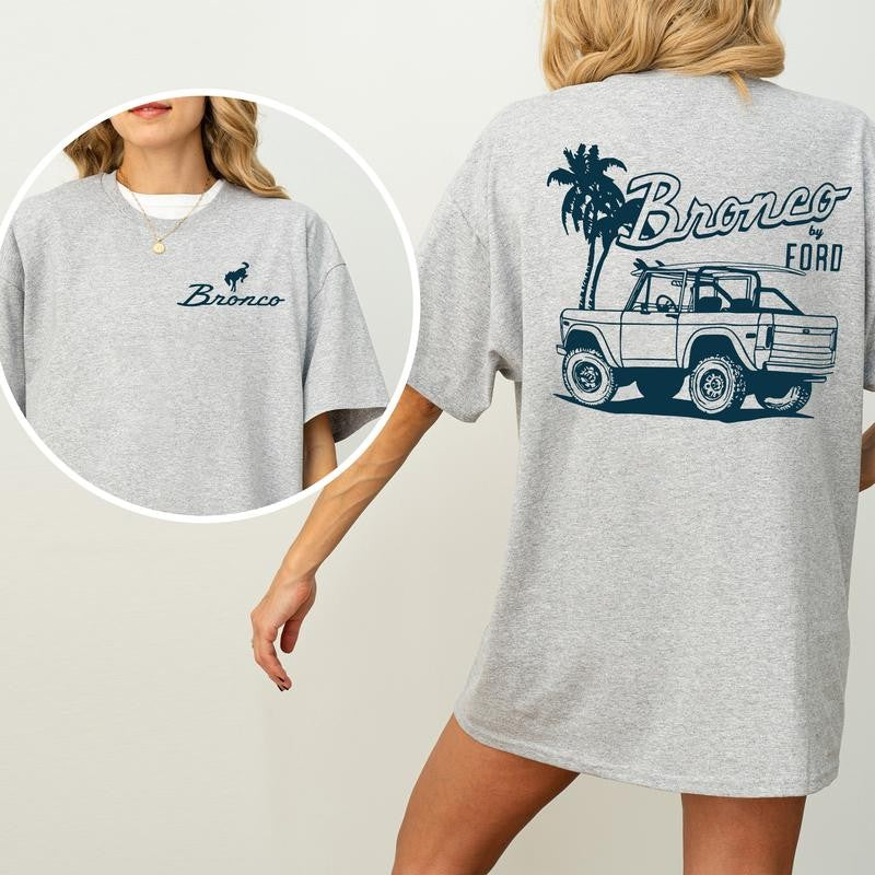 Vintage NDC Ford Bronco Graphic 2 Sided Shirt, Unisex Summer Beach Scene T-Shirt, Driving Tshirt for Men, Soft Cotton Fabric Tshirt, Casual Womenswear