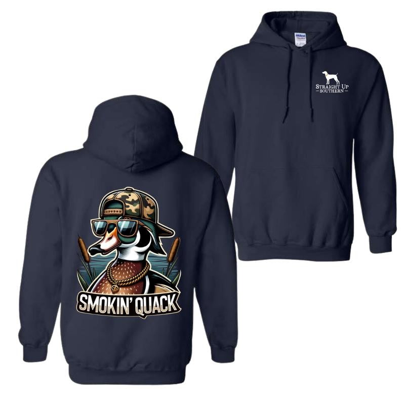 Smokin' Quack Hoodie and T-shirt - Sand design featuring a playful duck in sunglasses and a camo hat, unisex hoodies for man and women