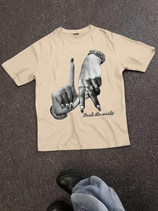 Women's Casual Simple Hand Gesture Print Loose Crew Neck Short Sleeve T-Shirt, Summer,Chrismast