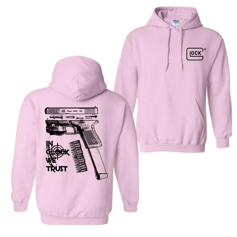 In GLock We Trust Hoodie, Glock Hoodie, Full Color 2 Sided, Men's and Women's Classic Fit Long Sleeve Hoodie