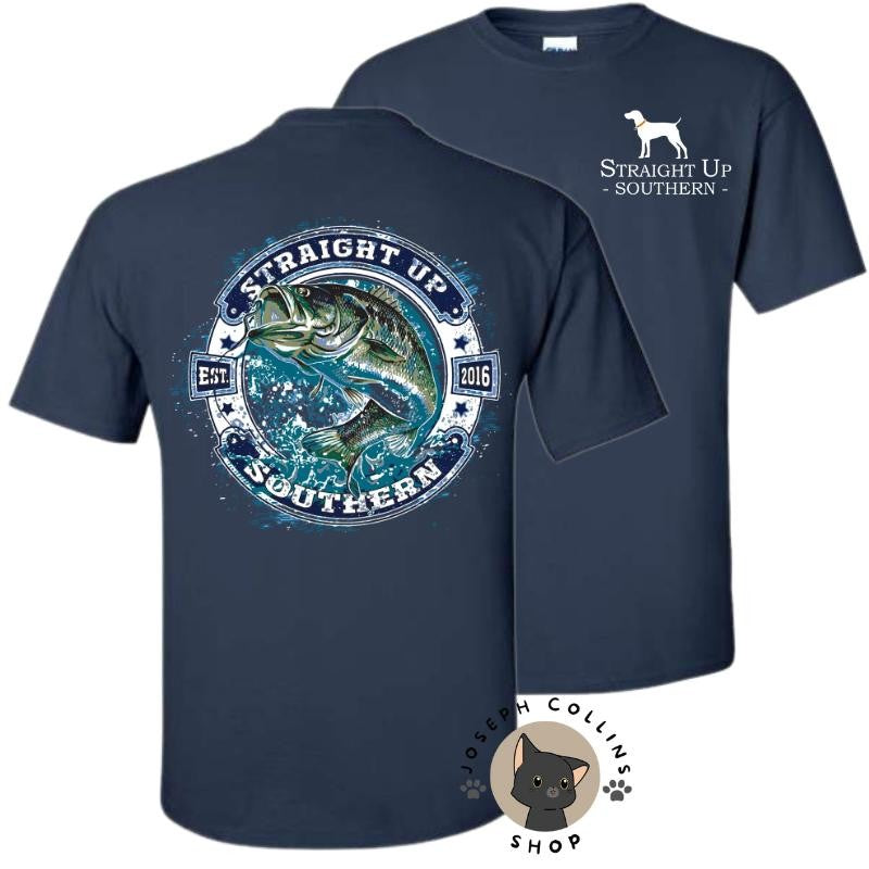 Jumping Bass Badge T-Shirt - by Straight Up Southern - Summer Outfits, Regular Fit Short Sleeve Crew Neck T-Shirt for Men, Casual Comfy Knitting Top for Summer