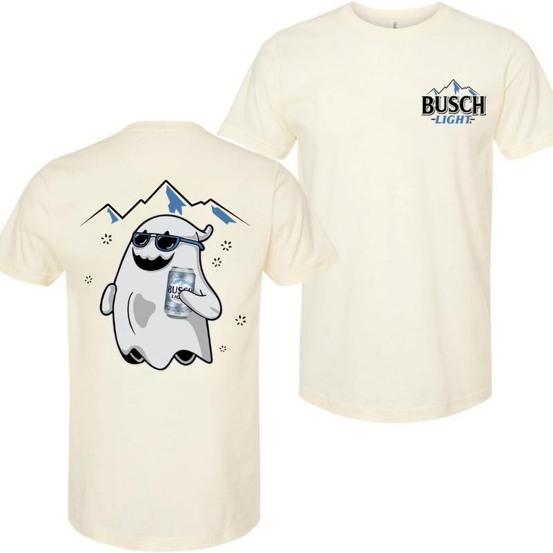 Busch Light, Busch Light Ghost Halloween 2 Sided T-Shirt, Halloween T-Shirt, High-Quality Printing, All Seasons, Casual Fitted, For Men And Women Menswear Top Tshirt Streetwear Crewneck