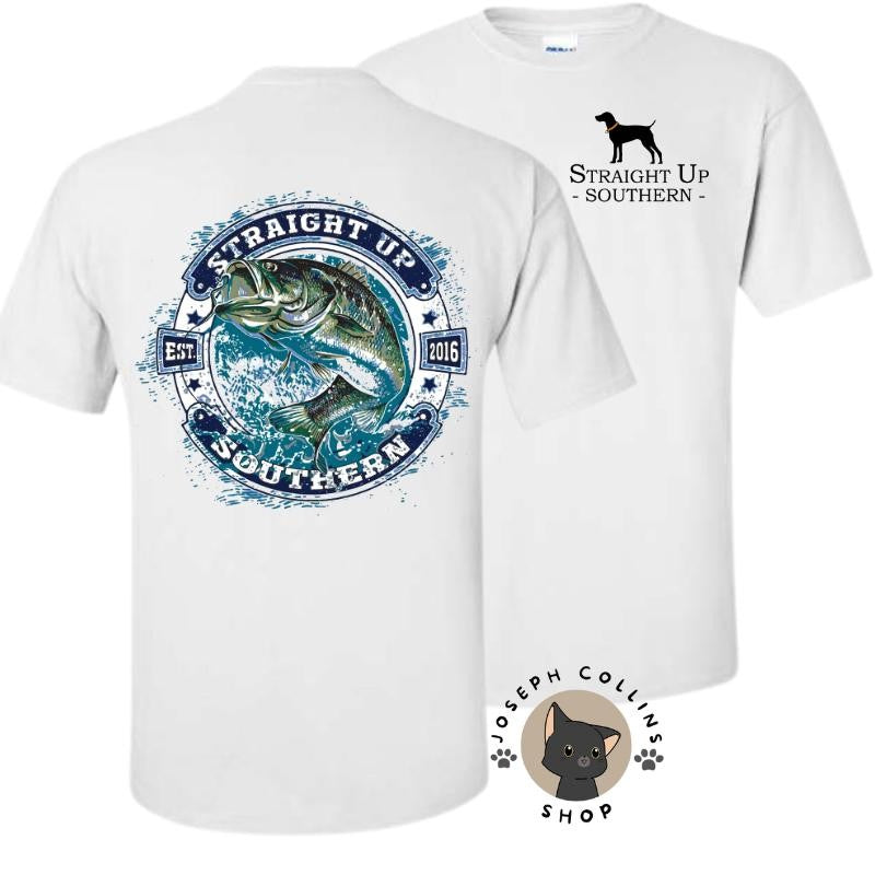 Jumping Bass Badge T-Shirt - by Straight Up Southern - Summer Outfits, Regular Fit Short Sleeve Crew Neck T-Shirt for Men, Casual Comfy Knitting Top for Summer