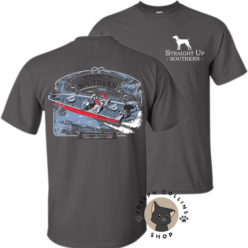 Red & Blue Bass Boat T-Shirt - by Straight Up Southern - Summer Outfits, Regular Fit Short Sleeve Crew Neck T-Shirt for Men, Casual Comfy Knitting Top for Summer