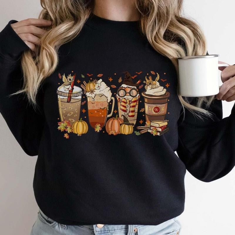 Harry Fall Coffee Halloween Shirt, HP Wizard Drink Cups Sweatshirt, Pumpkin Spice Latte, Wizard House, Hogwarts School, Harry Magic, Family Halloween Party, Autumn Vibes Sweatshirt, Hoodie