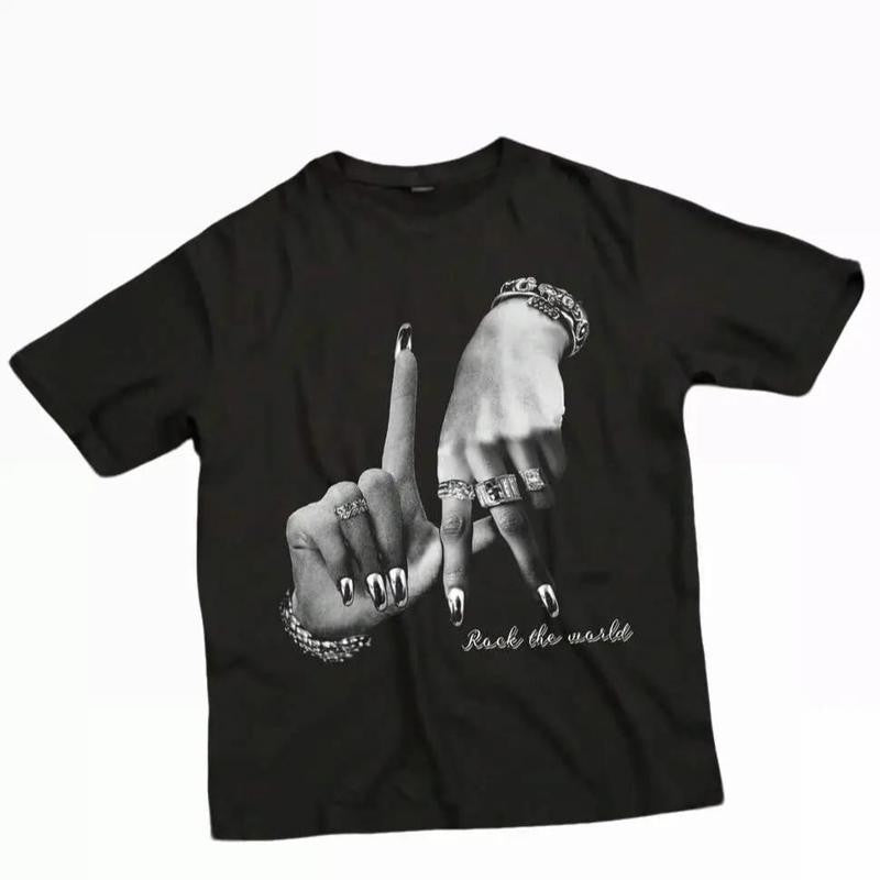 Women's Casual Simple Hand Gesture Print Loose Crew Neck Short Sleeve T-Shirt, Summer,Chrismast