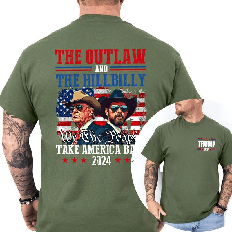 Trump Shirt, Trump Vance 24 The Outlaw and The Hillbilly Take America Back T-Shirt, Classic Cotton Top, Soft Fabric Shortsleeve Shirt