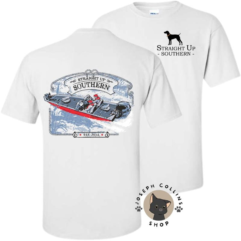 Red & Blue Bass Boat T-Shirt - by Straight Up Southern - Summer Outfits, Regular Fit Short Sleeve Crew Neck T-Shirt for Men, Casual Comfy Knitting Top for Summer