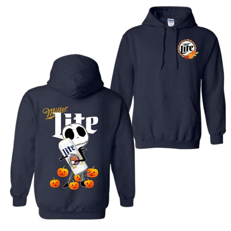 Jack Skellington hug Miller Lite Halloween Hoodie - Halloween Hoodie, High-Quality Printing, All Seasons, Casual Fitted, For Men And Women