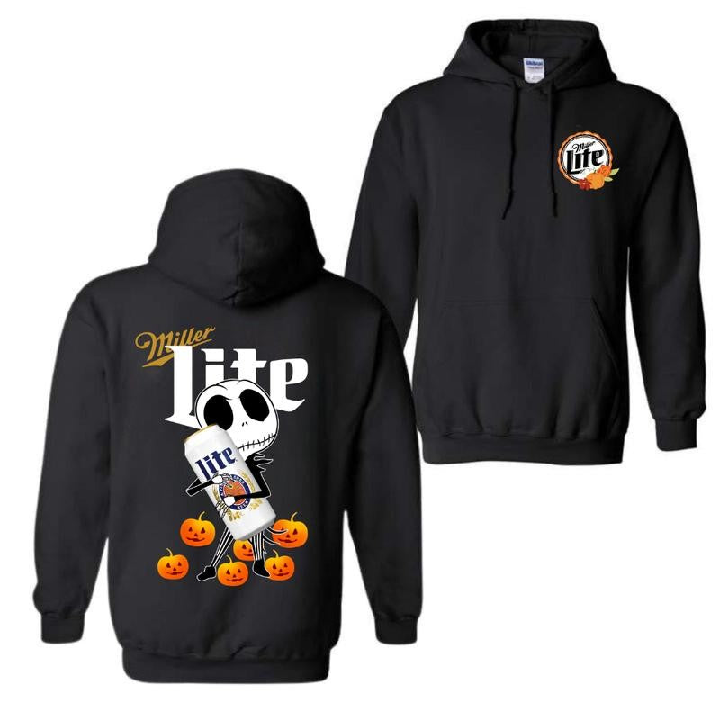 Jack Skellington hug Miller Lite Halloween Hoodie - Halloween Hoodie, High-Quality Printing, All Seasons, Casual Fitted, For Men And Women