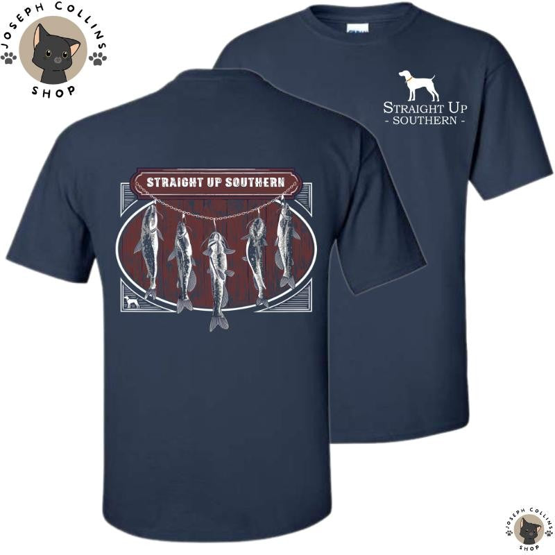 Catfish Stringer - Men's Short Sleeve T-Shirt - by Straight Up Southern - Summer Outfits, Regular Fit Short Sleeve Crew Neck T-Shirt for Men, Casual Comfy Knitting Top for Summer