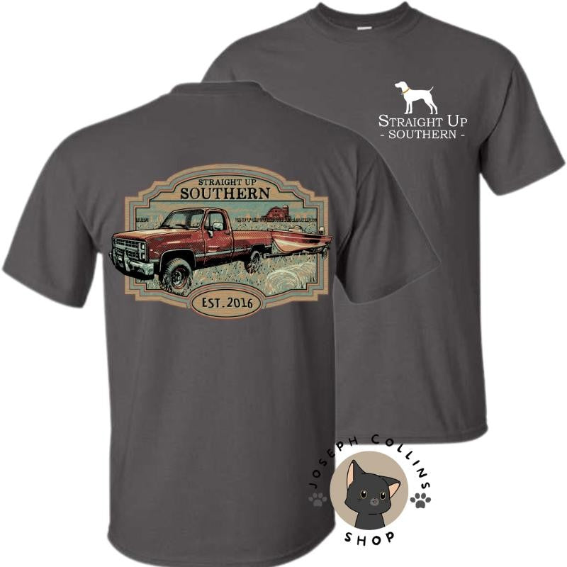 Truck Towing Boat T-Shirt - by Straight Up Southern - Summer Outfits, Regular Fit Short Sleeve Crew Neck T-Shirt for Men, Casual Comfy Knitting Top for Summer
