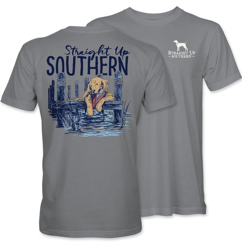 Lab With Flop - Golden Retriever Enjoying a Day on the Dock Tee -Youthful & Vibrant - Every Size Available