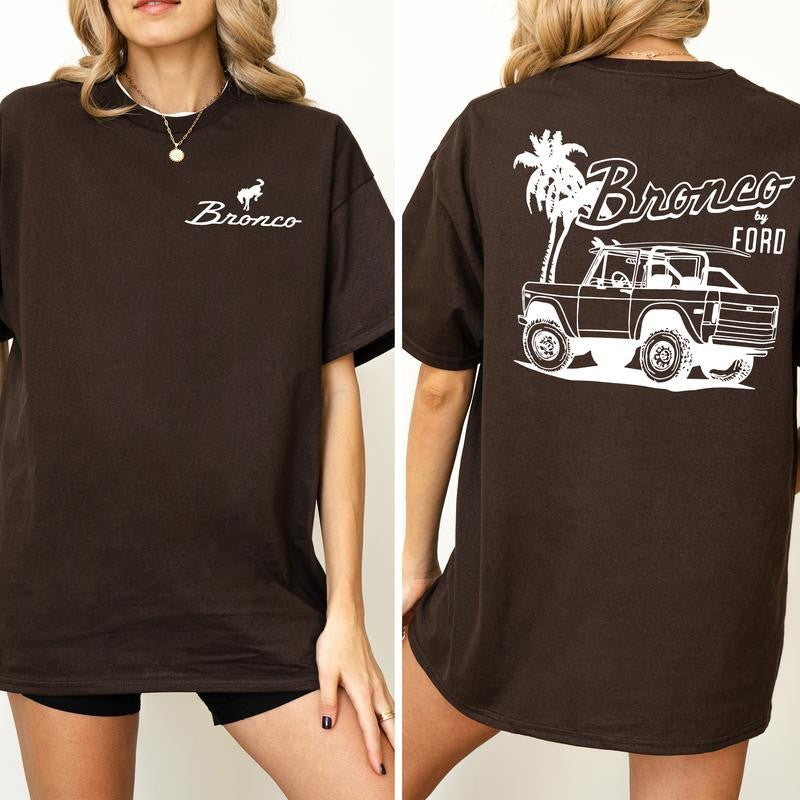 Vintage NDC Ford Bronco Graphic 2 Sided Shirt, Unisex Summer Beach Scene T-Shirt, Driving Tshirt for Men, Soft Cotton Fabric Tshirt, Casual Womenswear
