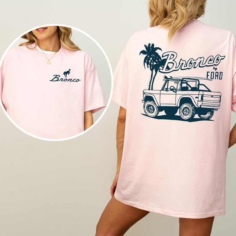 Vintage NDC Ford Bronco Graphic 2 Sided Shirt, Unisex Summer Beach Scene T-Shirt, Driving Tshirt for Men, Soft Cotton Fabric Tshirt, Casual Womenswear