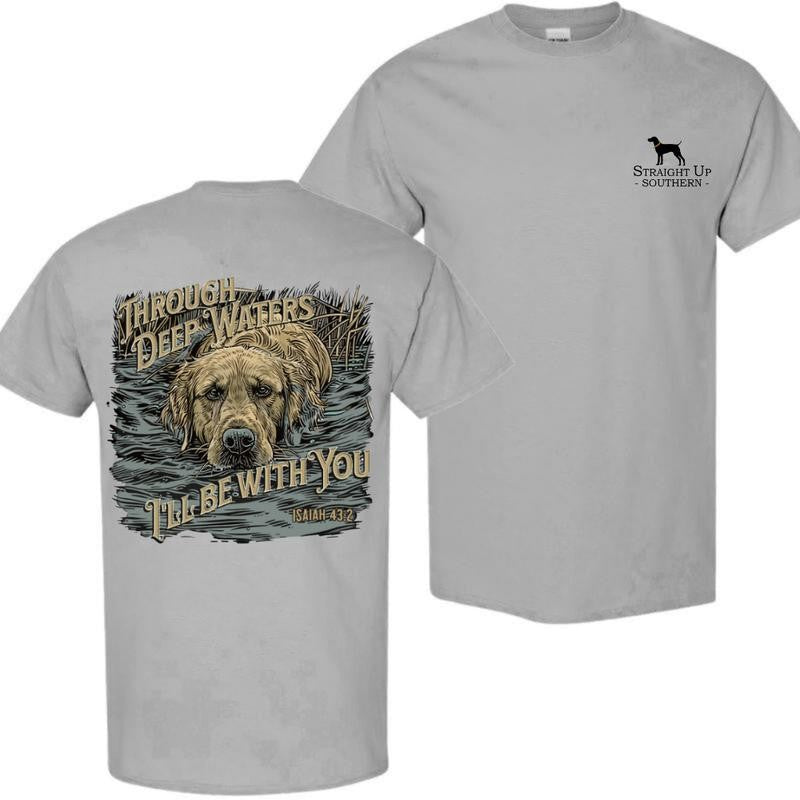 Through Deep Waters Scripture Shirt t-shirt- Hunting T-Shirt - Summer Outfits, Regular Fit Short Sleeve Crew Neck T-Shirt for Men, Casual Comfy Knitting Top for Summer