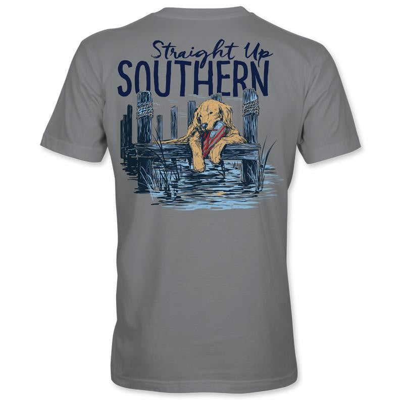 Lab With Flop - Golden Retriever Enjoying a Day on the Dock Tee - Grey Cotton Menswear