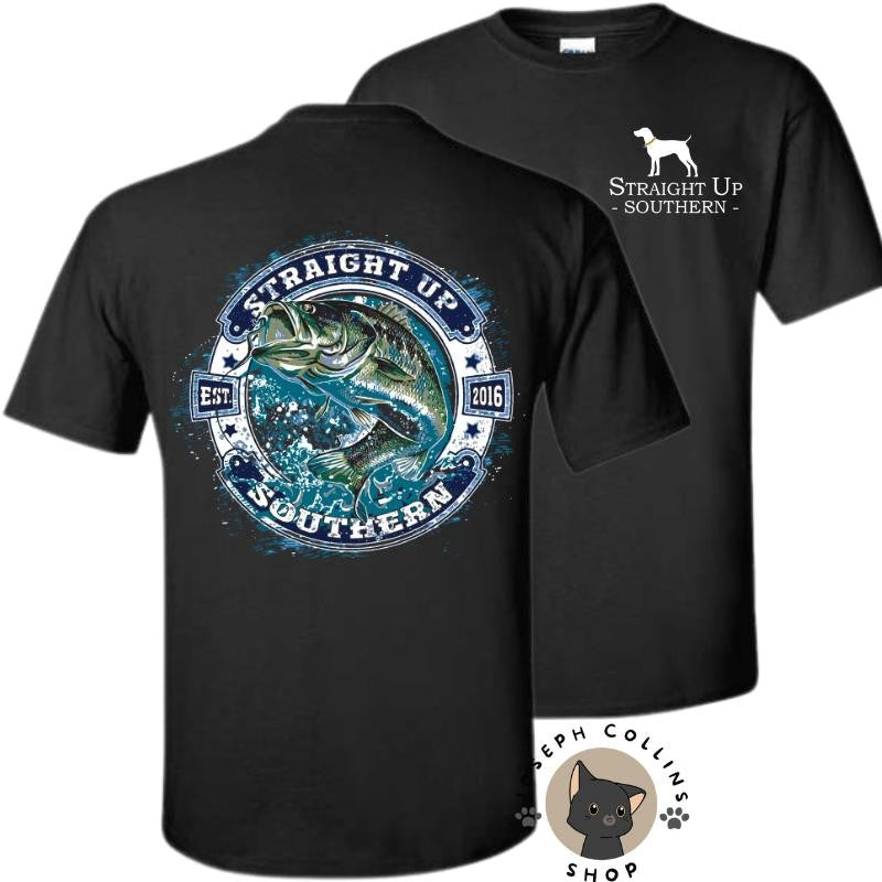 Jumping Bass Badge T-Shirt - by Straight Up Southern - Summer Outfits, Regular Fit Short Sleeve Crew Neck T-Shirt for Men, Casual Comfy Knitting Top for Summer