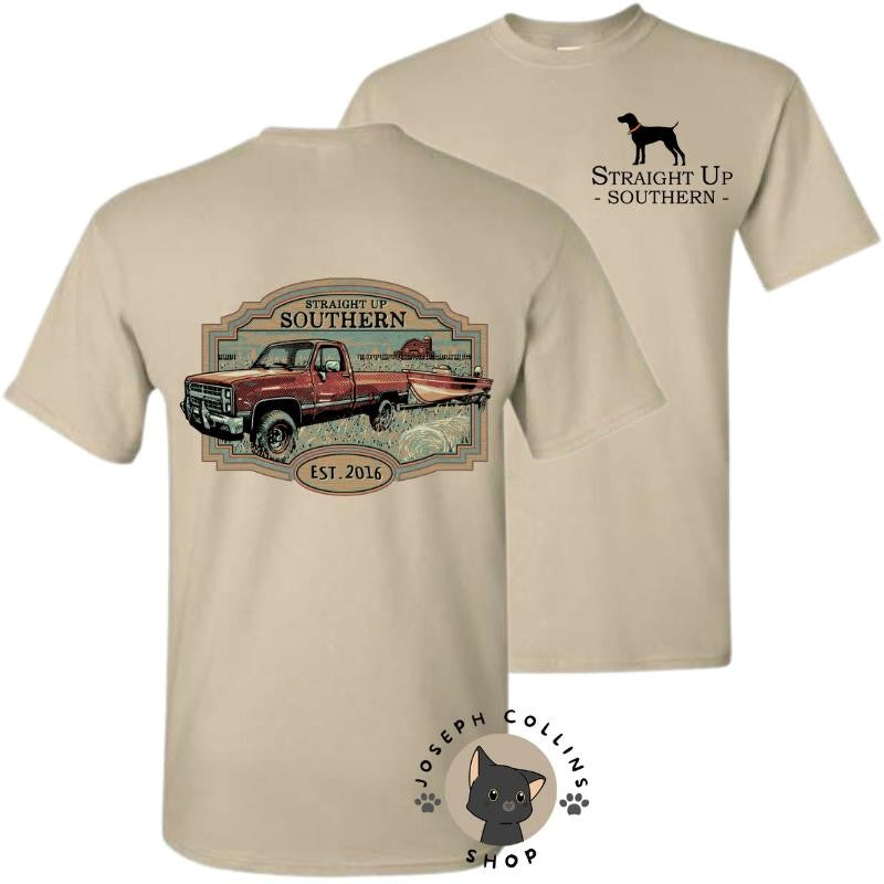 Truck Towing Boat T-Shirt - by Straight Up Southern - Summer Outfits, Regular Fit Short Sleeve Crew Neck T-Shirt for Men, Casual Comfy Knitting Top for Summer