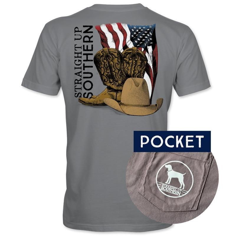 Southern Cowboy POCKET - Stetson Hat, Cowboy Boots, and American Flag Tee
