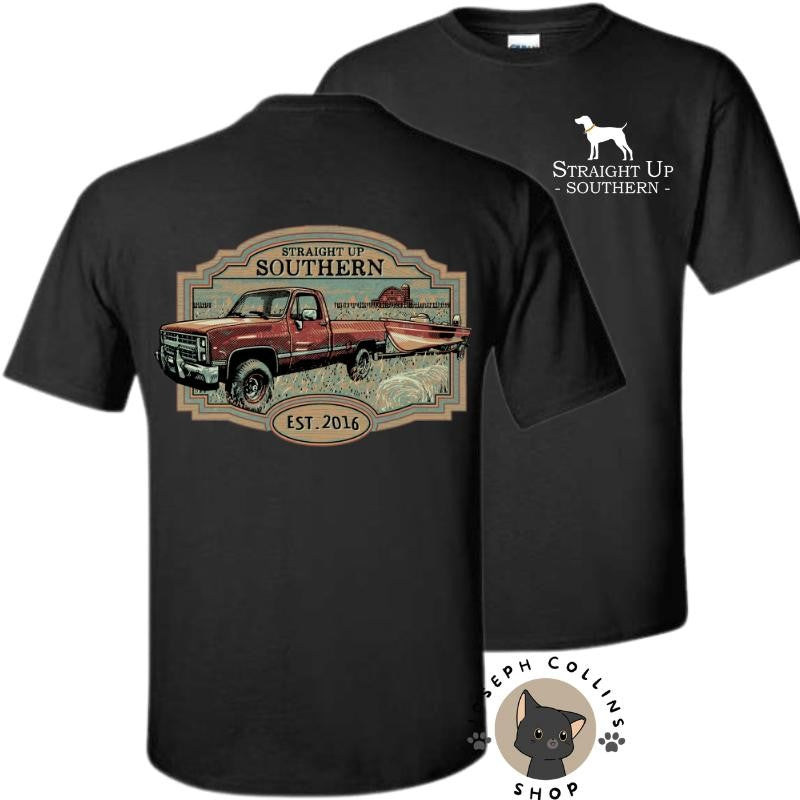 Truck Towing Boat T-Shirt - by Straight Up Southern - Summer Outfits, Regular Fit Short Sleeve Crew Neck T-Shirt for Men, Casual Comfy Knitting Top for Summer