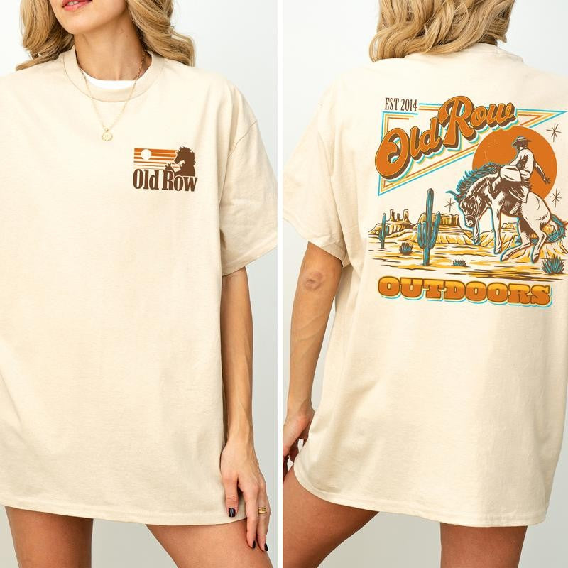 Old Row Outdoors Banquet Cowboy Graphic 2 Sided Shirt, Cowgirl Tshirt, Comfort Clothing, Cotton Fabric Tshirt, Printed Women's Top, Casual Womenswear