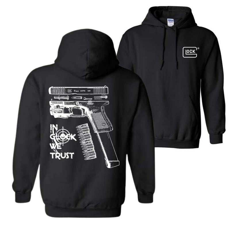 In GLock We Trust Hoodie, Glock Hoodie, Full Color 2 Sided, Men's and Women's Classic Fit Long Sleeve Hoodie