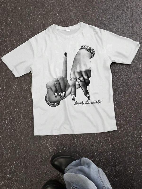 Women's Casual Simple Hand Gesture Print Loose Crew Neck Short Sleeve T-Shirt, Summer,Chrismast