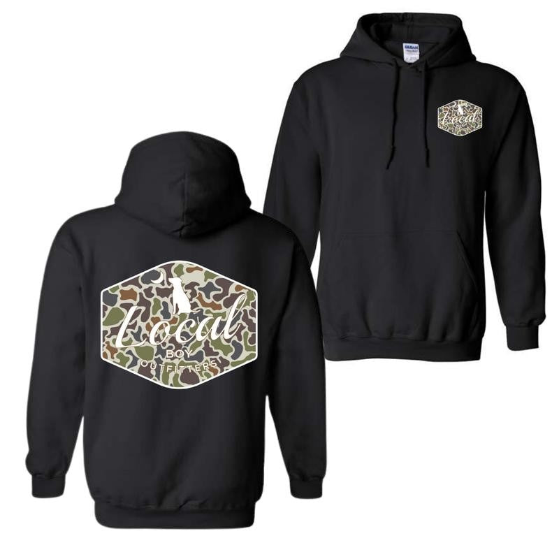 Local Boy Outfitters Dog Camo Hoodie and T-shirt - Classic Camouflage Design with Minimalist Logo, Perfect for Outdoor Adventures and Casual Wear, For Men For Women