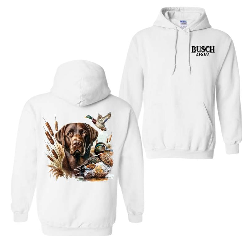Busch Light Dog Friend Graphic 2 Sided Hoodie, Vintage Mallard Hunting Hoodie, Waterfowl Graphic Unisex Hoodie For Man For Women