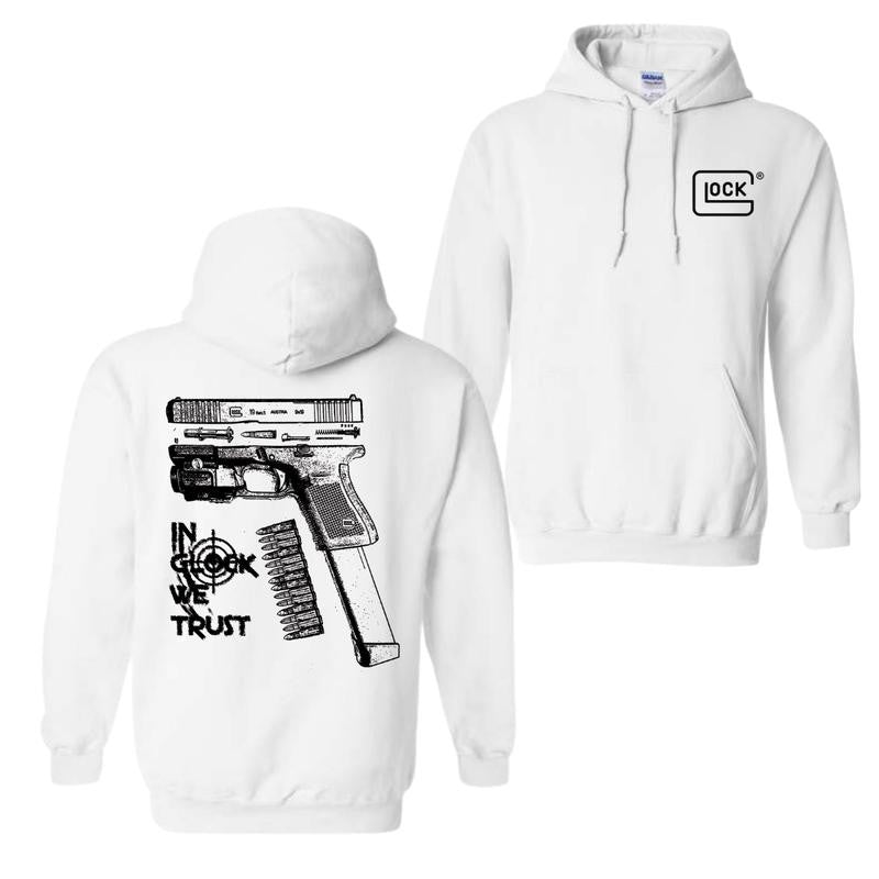 In GLock We Trust Hoodie, Glock Hoodie, Full Color 2 Sided, Men's and Women's Classic Fit Long Sleeve Hoodie