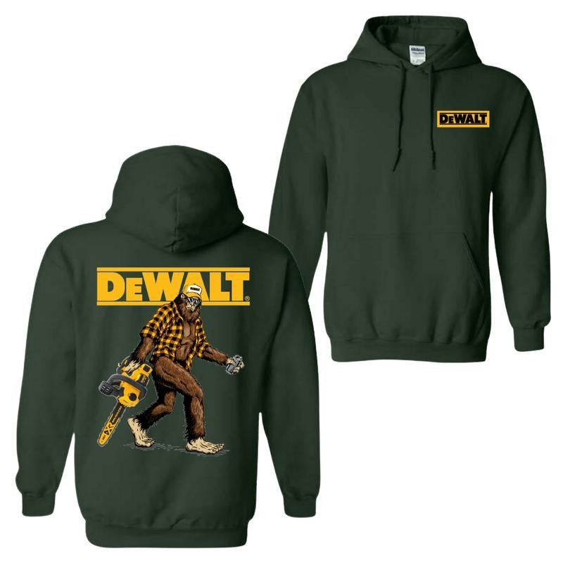 DeWalt Hoodie with Bigfoot Chainsaw Design for Tool and Adventure Enthusiasts - Classic Fit Unisex Hoodie, Menswear