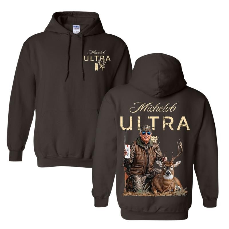 Hunting Trump Michelob Ultra Hoodie T-Shirt Sweatshirt Full Color, Trump Hunter Front Deer Print & Bold Back Hunting Scene Sweater Beer Dink Lover Tee