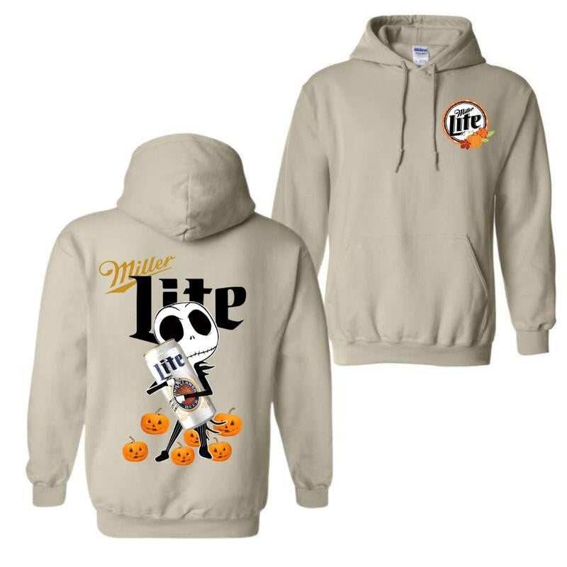 Jack Skellington hug Miller Lite Halloween Hoodie - Halloween Hoodie, High-Quality Printing, All Seasons, Casual Fitted, For Men And Women