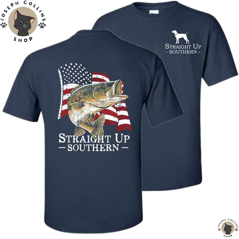 Bass American Flag - Men's Short Sleeve T-Shirt - by Straight Up Southern - Summer Outfits, Regular Fit Short Sleeve Crew Neck T-Shirt for Men, Casual Comfy Knitting Top for Summer