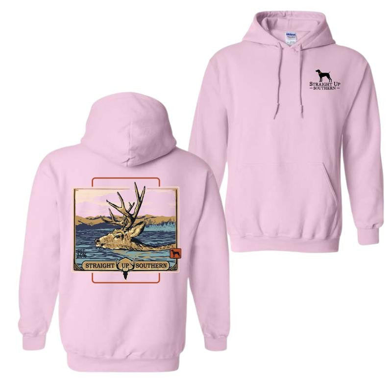 Straight Up Southern Unisex Hoodie - Bold Deer & Mountain Scene Design for Outdoor Enthusiasts and Nature Lovers