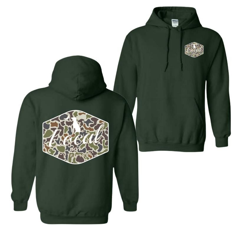 Local Boy Outfitters Dog Camo Hoodie and T-shirt - Classic Camouflage Design with Minimalist Logo, Perfect for Outdoor Adventures and Casual Wear, For Men For Women
