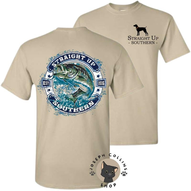 Jumping Bass Badge T-Shirt - by Straight Up Southern - Summer Outfits, Regular Fit Short Sleeve Crew Neck T-Shirt for Men, Casual Comfy Knitting Top for Summer